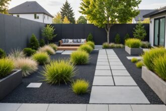 Jardin moderne avec mobilier fonctionnel et plantes variées