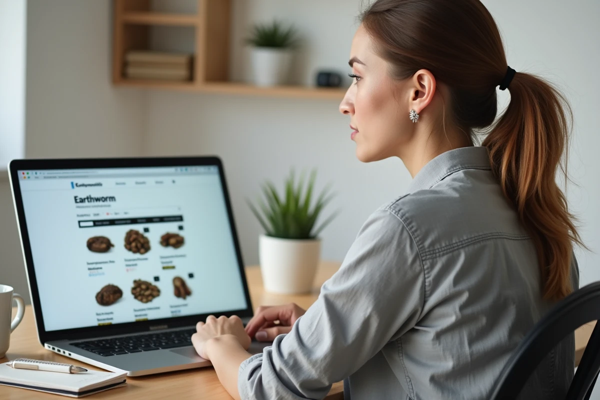 Femme consultant un site de vente en ligne de vers de terre sur son ordinateur portable à domicile