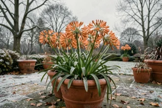 Agapanthes orange en pots de terre cuite sur une terrasse givrée en automne, techniques de conservation en climat froid