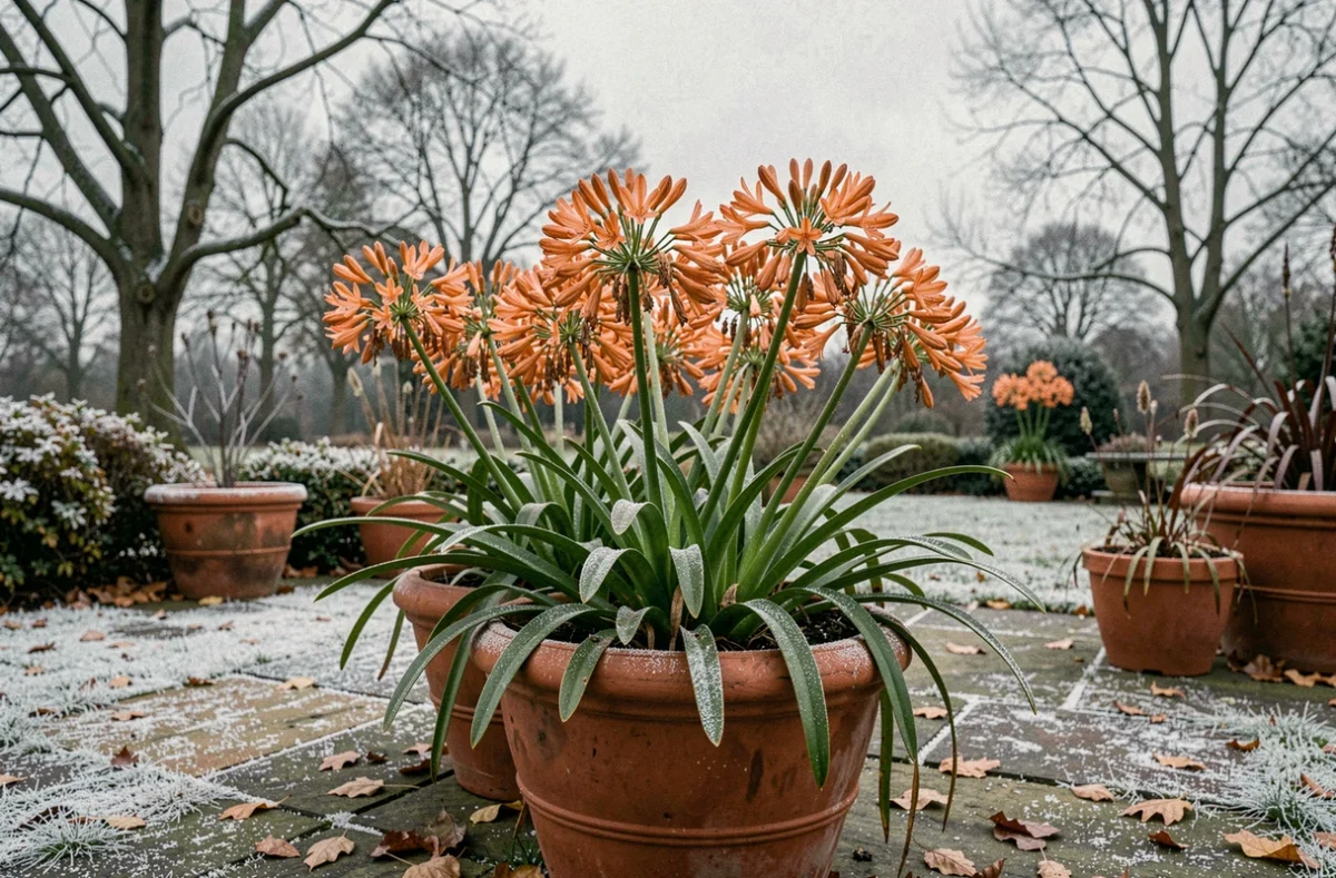 Agapanthes orange en pots de terre cuite sur une terrasse givrée en automne, techniques de conservation en climat froid