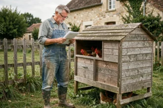 Agriculteur examinant des documents fiscaux devant son poulailler en bois dans un jardin rural français