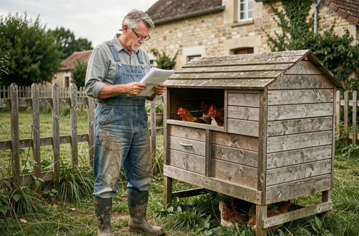 Agriculteur examinant des documents fiscaux devant son poulailler en bois dans un jardin rural français
