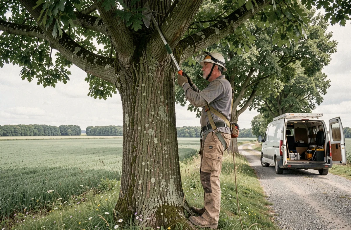 Élagueur d'Ambroise Leroy à Pierregot dans la Somme utilisant une scie à perche sur un frêne mature le long d'un chemin rural picard
