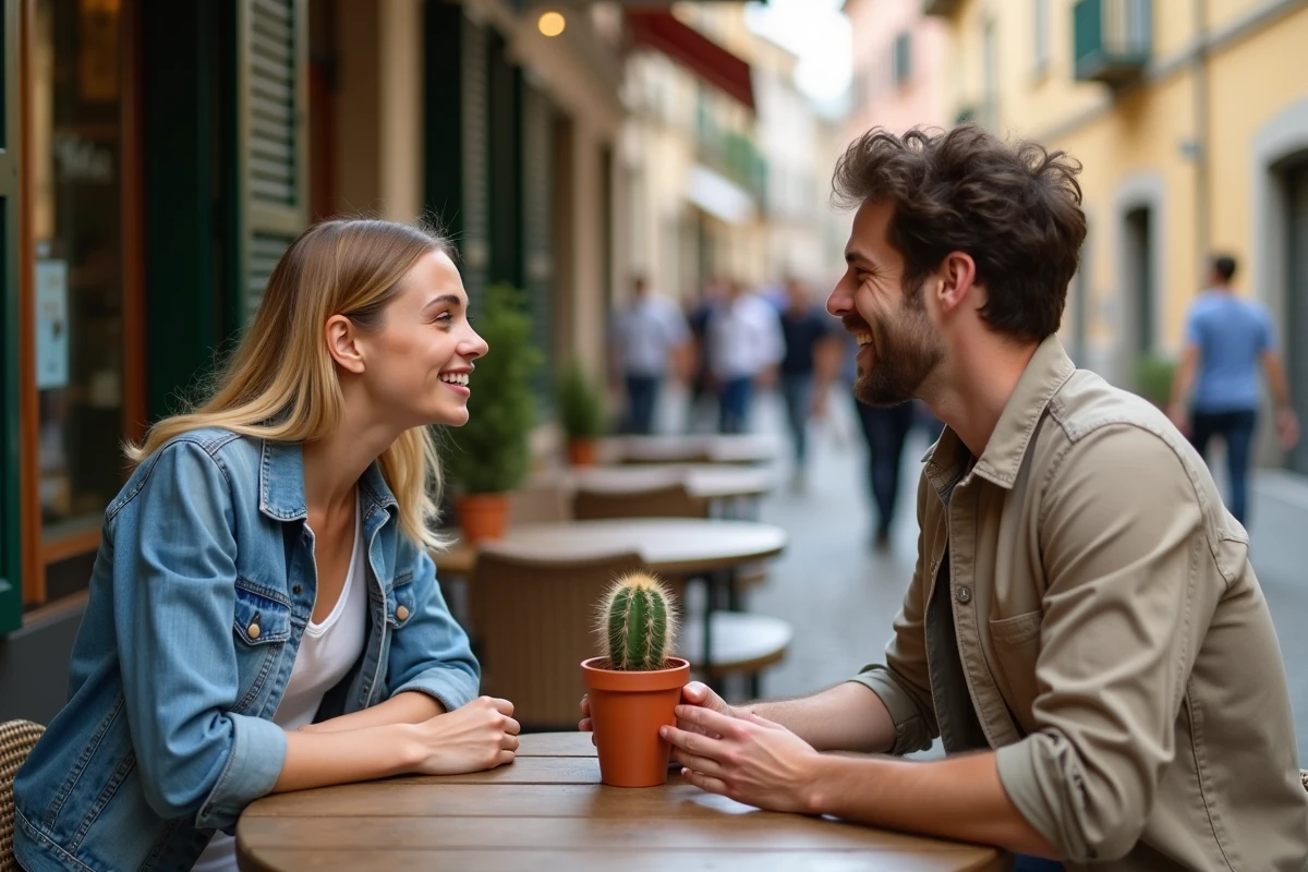 Deux amis à une terrasse de café rustique, une femme offrant un cactus en pot en terracotta à un homme surpris et souriant