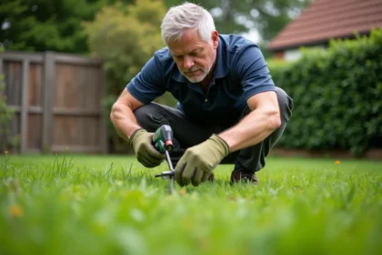 Homme appliquant un désherbant sélectif sur une pelouse envahie par des mauvaises herbes dans un jardin suburbain