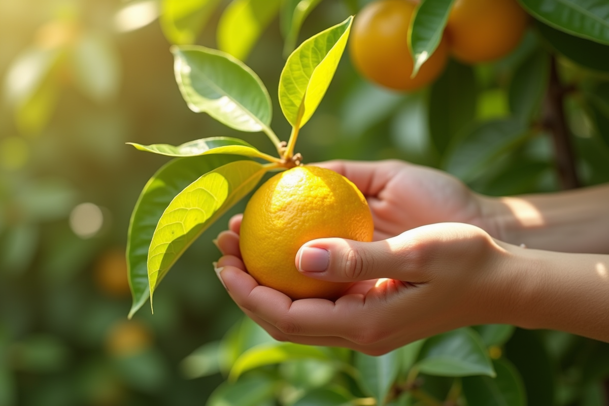 Mains appliquant un traitement naturel sur une feuille de citronnier jaunie