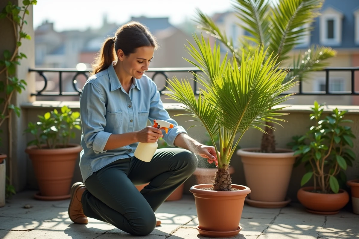 Femme appliquant un traitement préventif contre les larves de papillon palmier sur un palmier en pot sur une terrasse urbaine