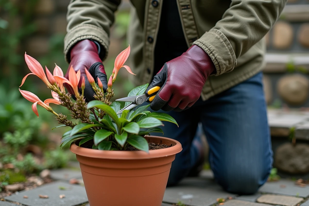 Homme taillant un arbre à crevette en pot sur une terrasse en pierre avec des ciseaux japonais, technique manuelle de jardinage
