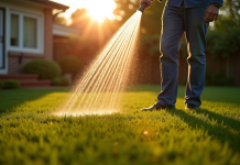 Personne arrosant la pelouse au lever du soleil