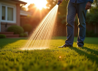 Meilleurs moments arroser votre pelouse : savoir quand et comment Personne arrosant la pelouse au lever du soleil
