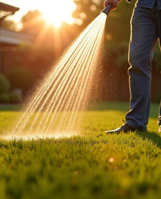 Personne arrosant la pelouse au lever du soleil