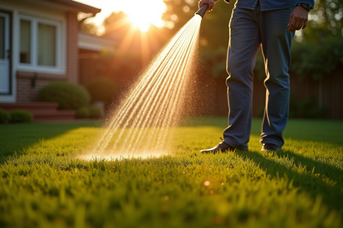 arrosage-matin-jardin Personne arrosant la pelouse au lever du soleil