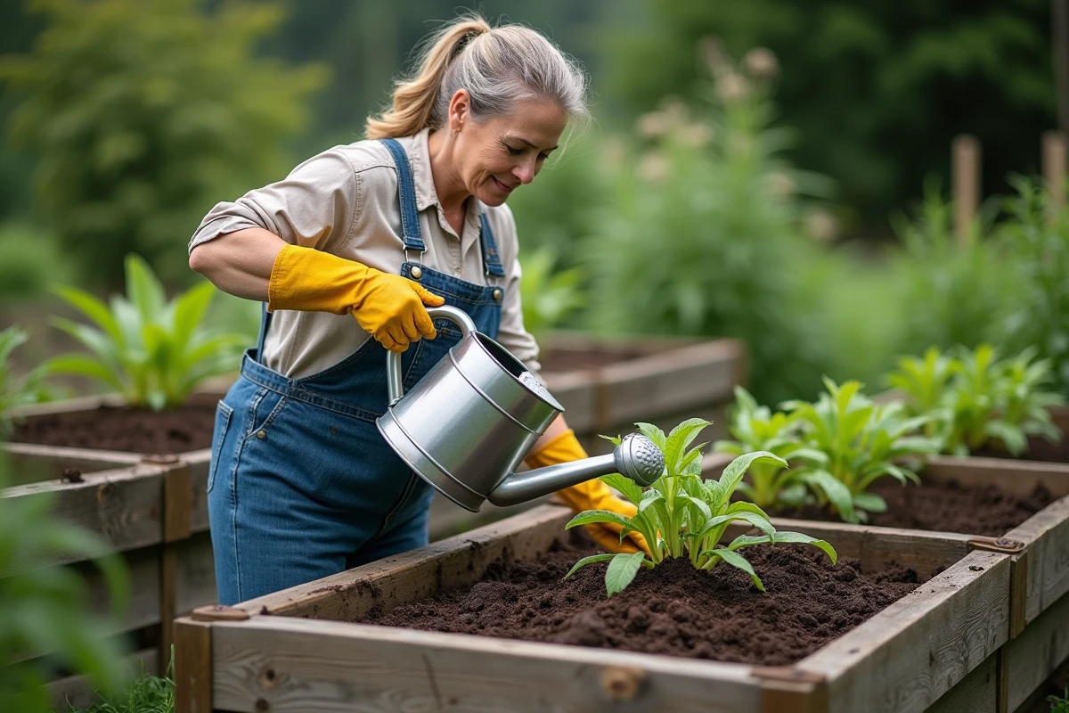Femme arrosant des plants de pommes de terre sur une butte haute en bois dans un potager verdoyant