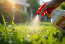 Personne arrosant des mauvaises herbes avec un spray maison dans un jardin ensoleille