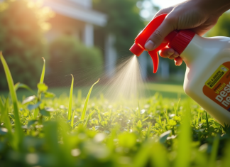 Personne arrosant des mauvaises herbes avec un spray maison dans un jardin ensoleille