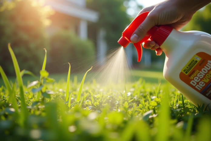 arrosage-weed-ecologique-jardin Personne arrosant des mauvaises herbes avec un spray maison dans un jardin ensoleille