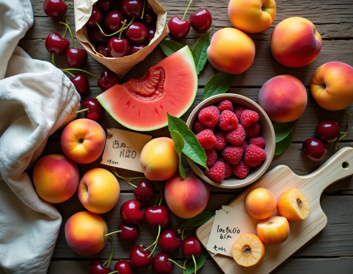 Assortiment de fruits de saison bio et conventionnels de juin disposés en flat lay sur une table en bois