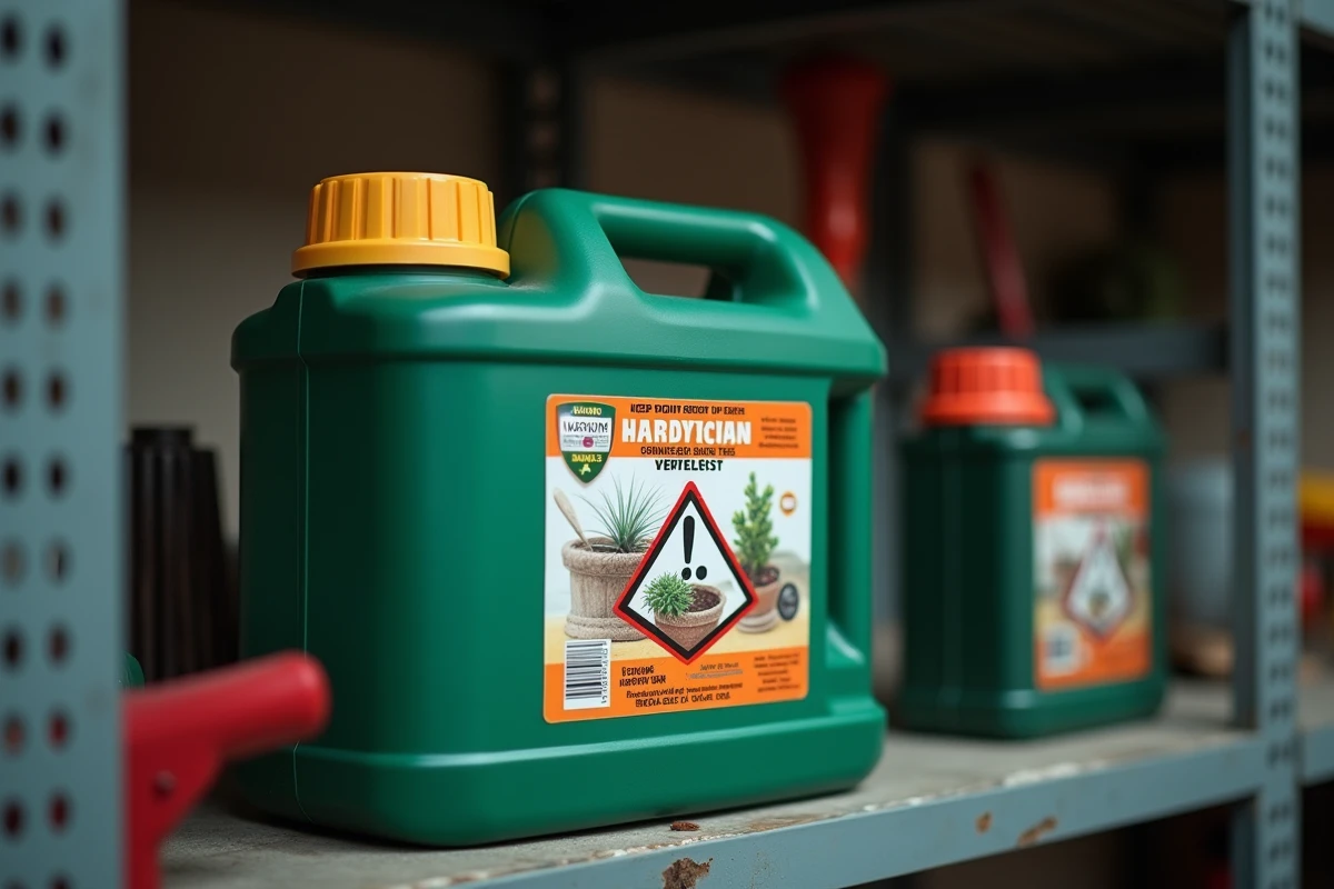 Gros plan d'un bidon d'herbicide fermé hermétiquement rangé dans un coffret de sécurité verrouillé avec étiquette de danger