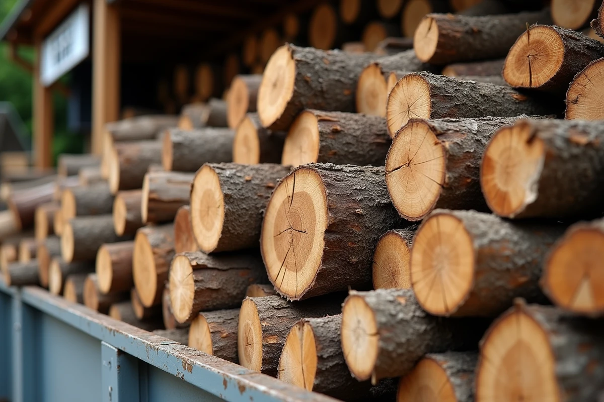 Tas de bois de chauffage en vrac dans un bac métallique chez un marchand de bois en plein air