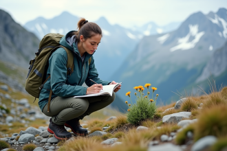 Botaniste femme examinant des fleurs de haute montagne
