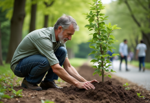 Arbre qui produit 100% d’oxygène : les espèces les plus efficaces à planter Botaniste plantant un jeune paulownia dans un parc verdoyant