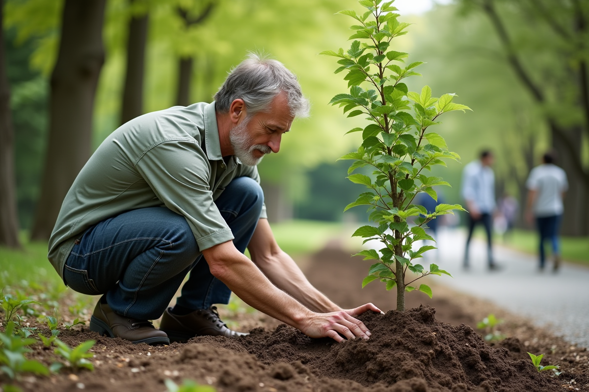 Botaniste plantant un jeune paulownia dans un parc verdoyant