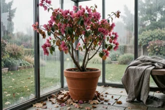 Bougainvillier en pot dans une véranda non chauffée en automne, feuilles tombées et tiges ligneuses visibles, préparation à l'hivernage