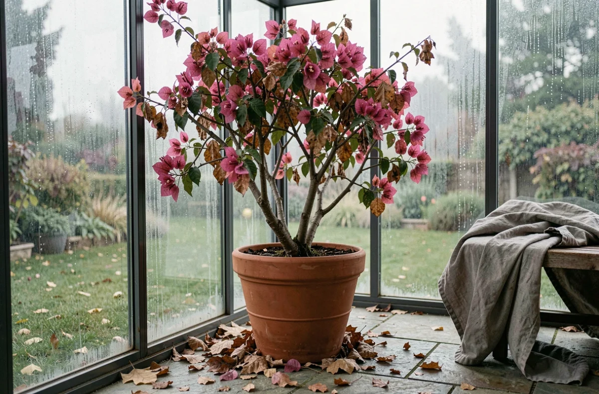 Bougainvillier en pot dans une véranda non chauffée en automne, feuilles tombées et tiges ligneuses visibles, préparation à l'hivernage