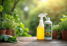Deux bouteilles de fongicide sur une table en bois dans le jardin