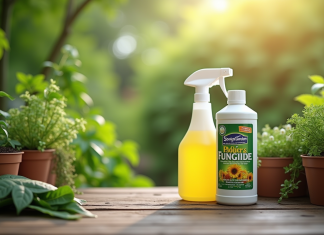Deux bouteilles de fongicide sur une table en bois dans le jardin
