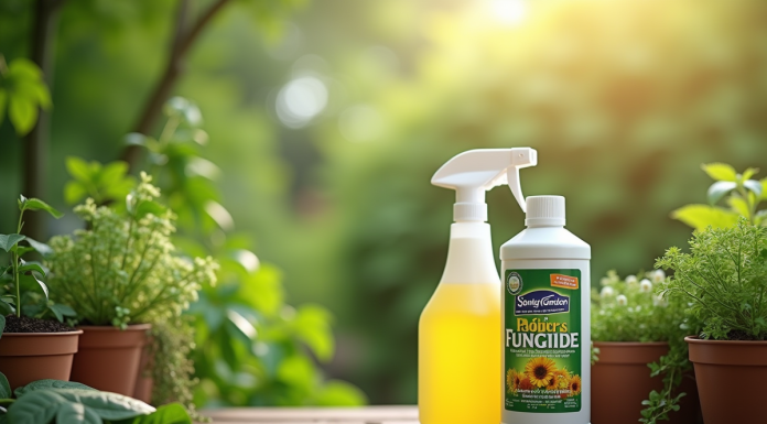 Deux bouteilles de fongicide sur une table en bois dans le jardin