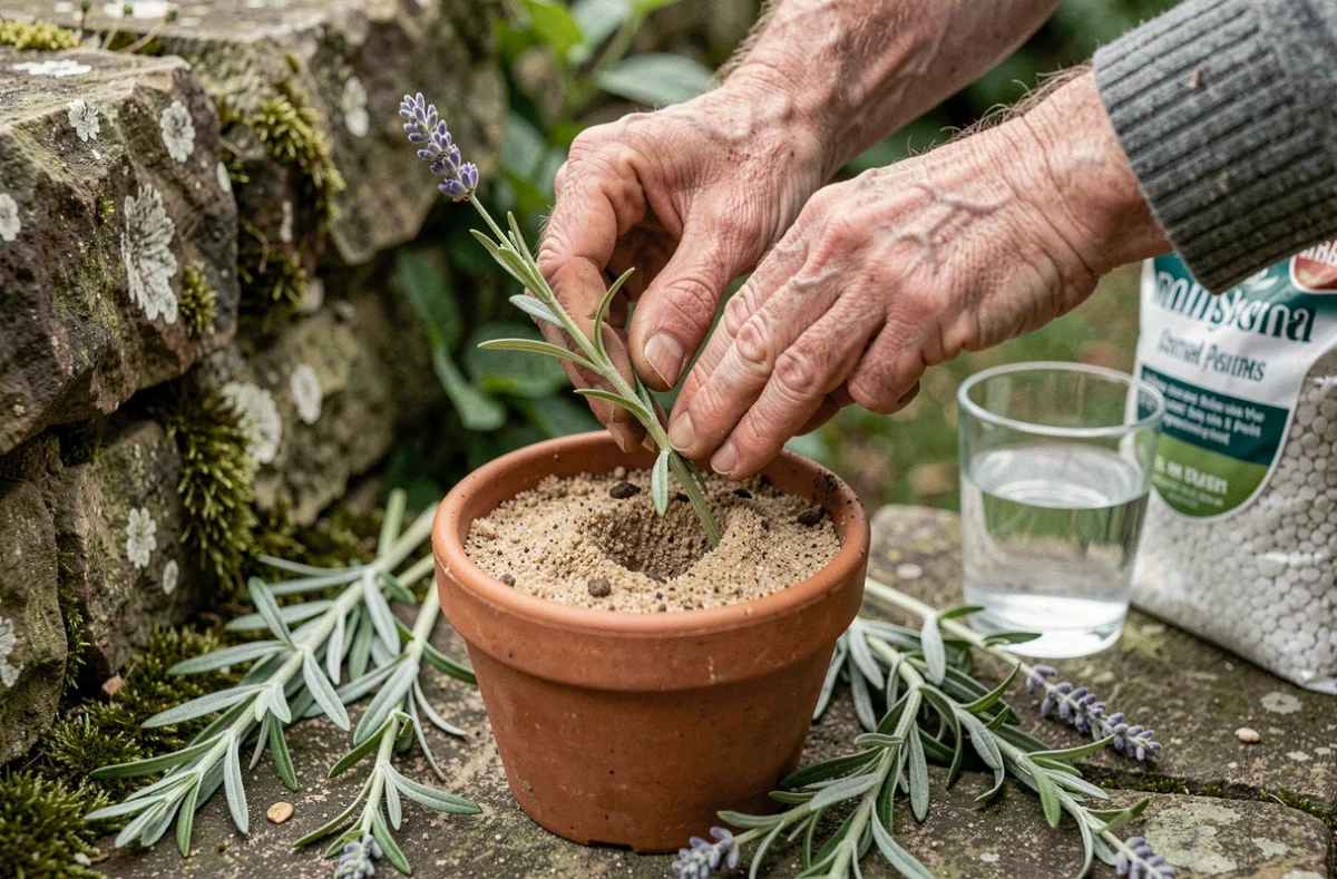 Gros plan de mains plantant une bouture de lavande dans un petit pot en terre cuite rempli de substrat sableux