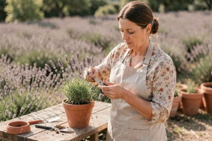 Femme qui coupe une bouture de lavande avec des ciseaux de jardinage sur une table en bois rustique dans un jardin provençal