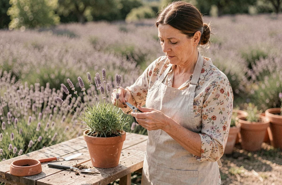 Femme qui coupe une bouture de lavande avec des ciseaux de jardinage sur une table en bois rustique dans un jardin provençal