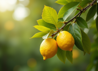 Branche de citronnier avec feuilles jaunies et vertes en extérieur