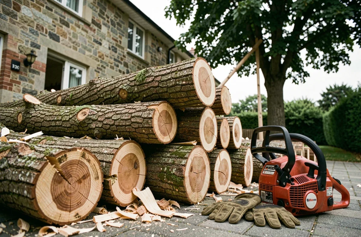 Branches coupées et tronçons de bois empilés après une intervention d'élagage devant une maison de campagne
