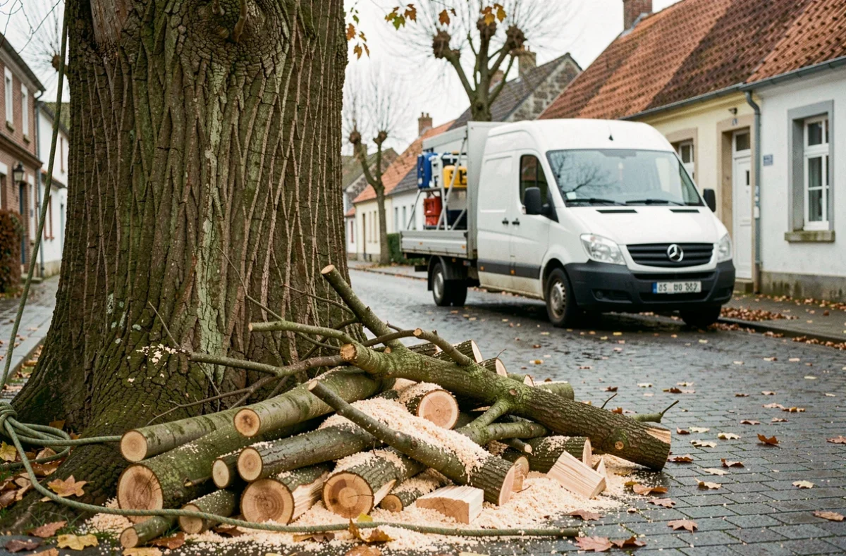 Branches élagées empilées au pied d'un platane après une intervention d'élagage hivernal