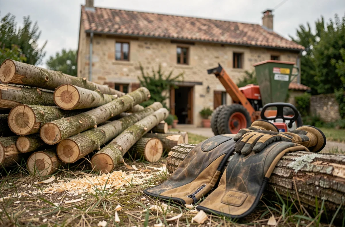 Branches élagées et équipements professionnels après une intervention d'élagage dans une propriété du Tarn