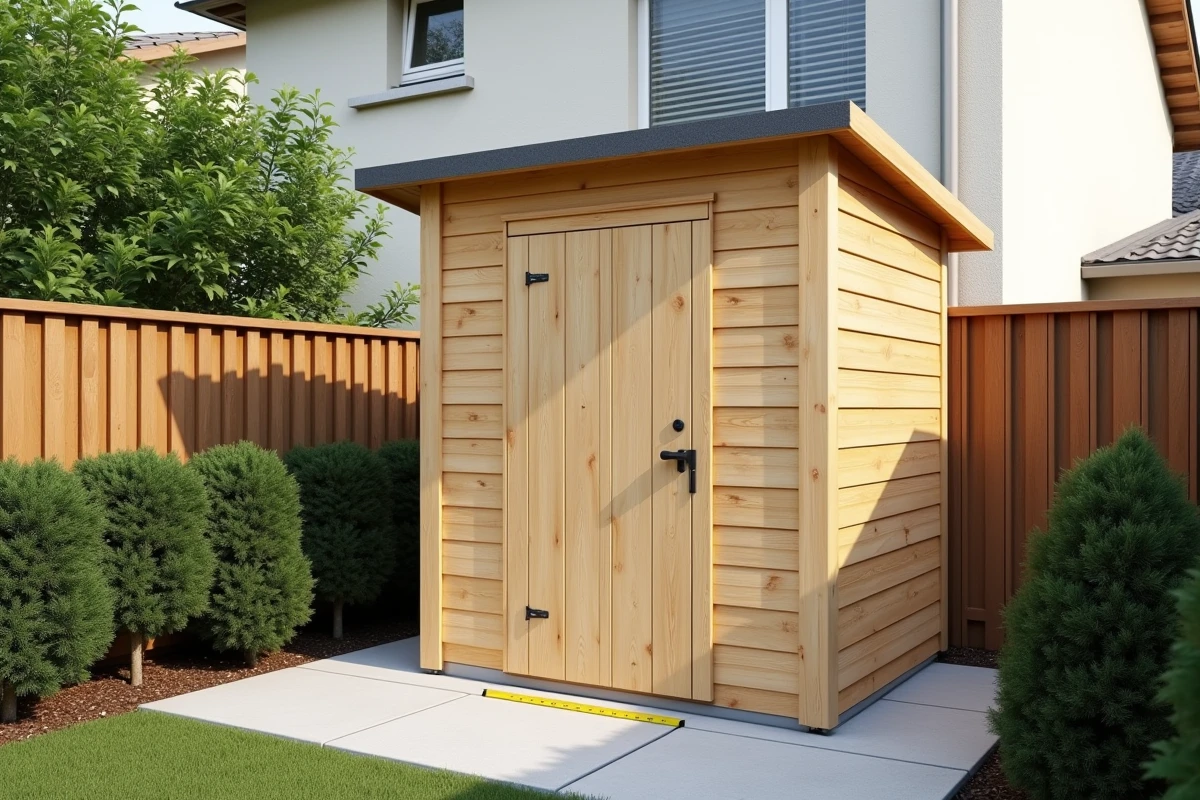 Cabanon en bois installé en limite de propriété dans un jardin résidentiel avec ruban de mesure pour vérification des distances réglementaires
