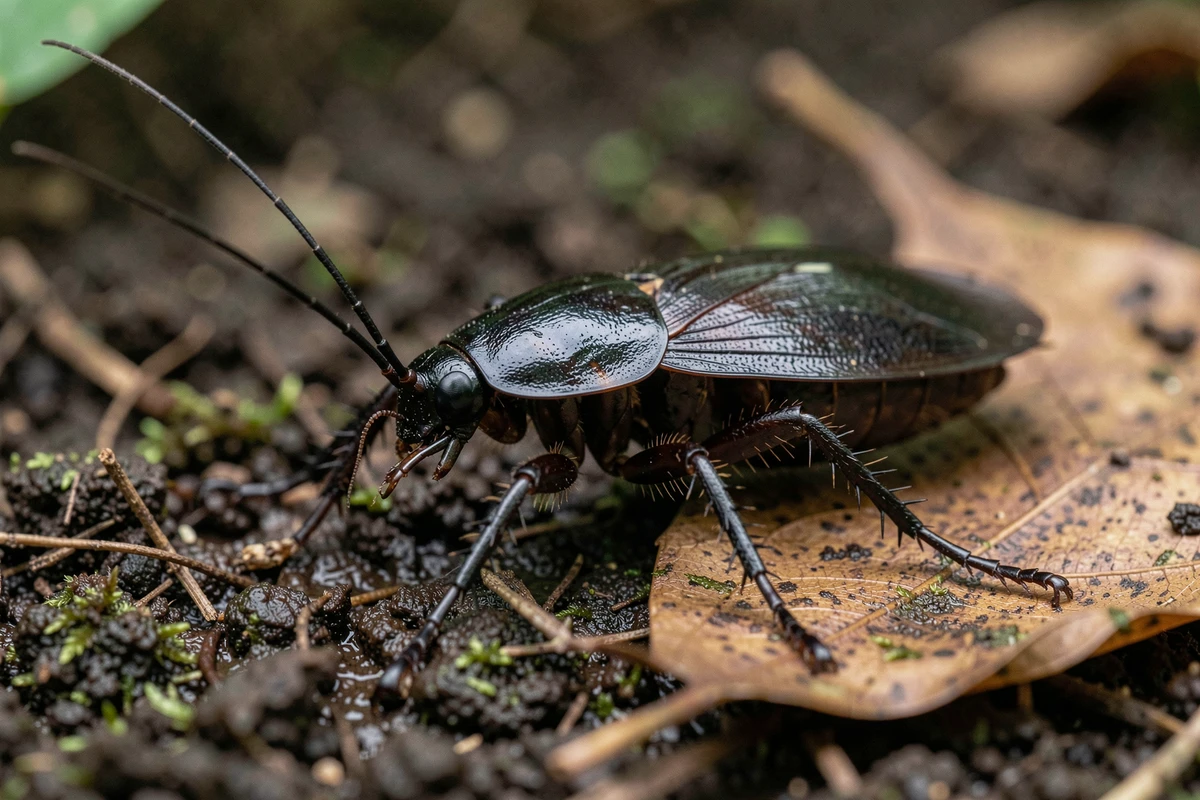 Gros plan macro d'un cafard noir de jardin sur la terre humide, montrant les détails de son exosquelette brillant et ses antennes