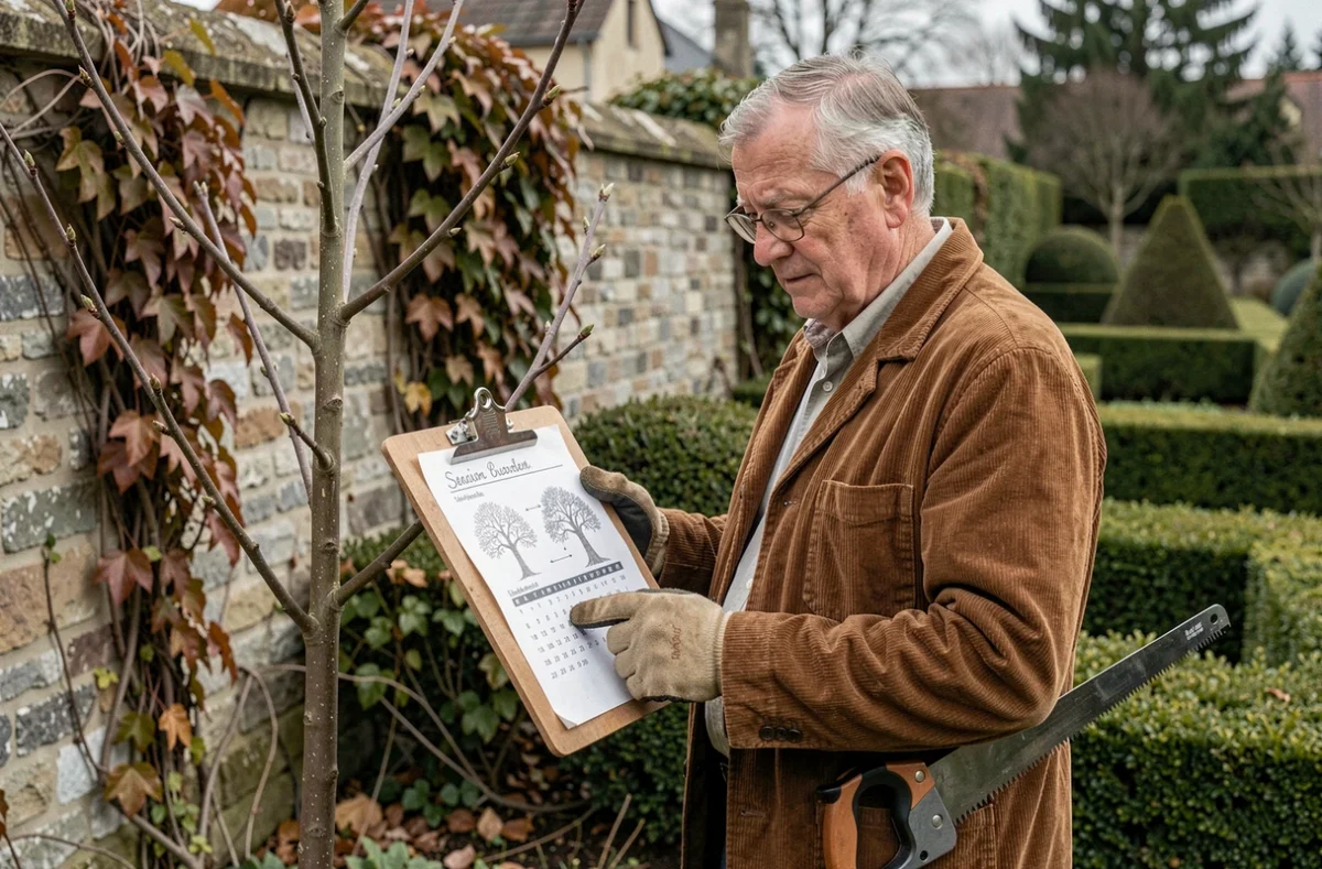 Jardinier âgé consultant un calendrier de taille manuscrit dans un jardin à la française en automne