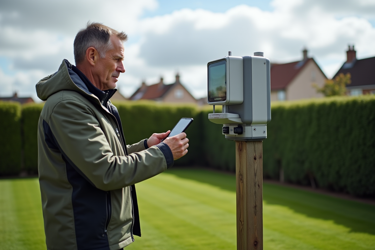 Homme calibrant une station météo numérique dans un jardin