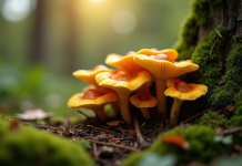 Champignons chanterelles sortant du sol humide sous un arbre en jardin