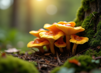 Champignons chanterelles sortant du sol humide sous un arbre en jardin