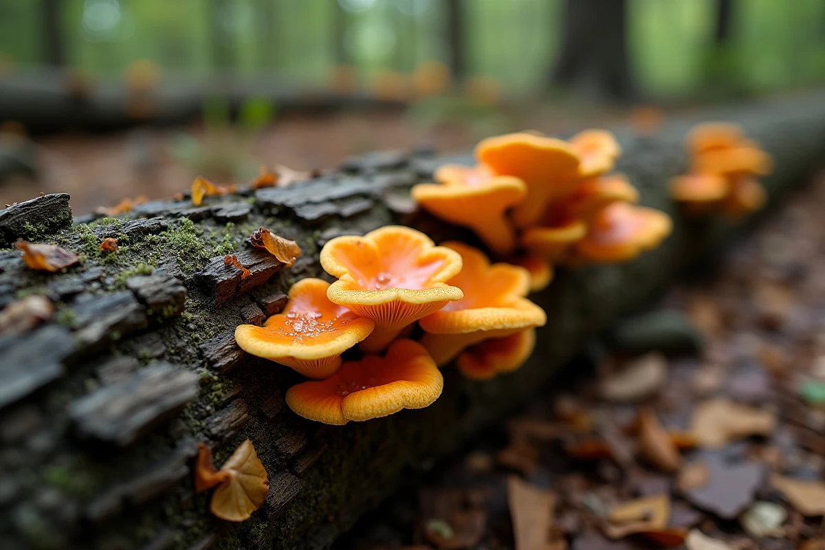 Gros plan sur des champignons orange sur bois décomposé