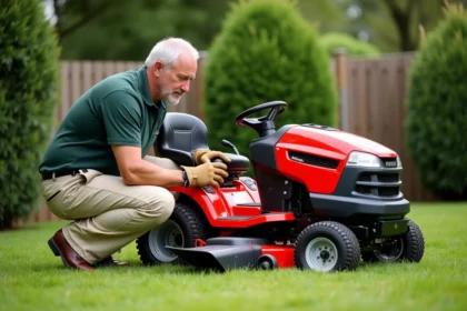 Homme inspectant un tracteur tondeuse rouge dans un jardin bien entretenu avant achat chez Brico Dépôt