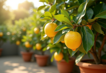 Citronnier en pot dans un jardin méditerranéen ensoleille avec citrons mûrs