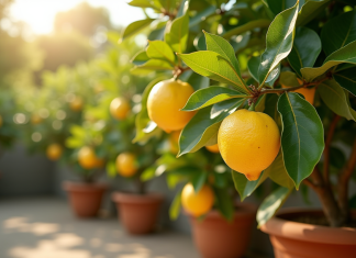 Citronnier en pot dans un jardin méditerranéen ensoleille avec citrons mûrs