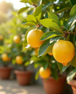 Citronnier en pot dans un jardin méditerranéen ensoleille avec citrons mûrs