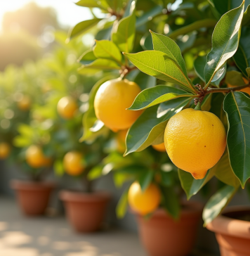 Citronnier en pot dans un jardin méditerranéen ensoleille avec citrons mûrs